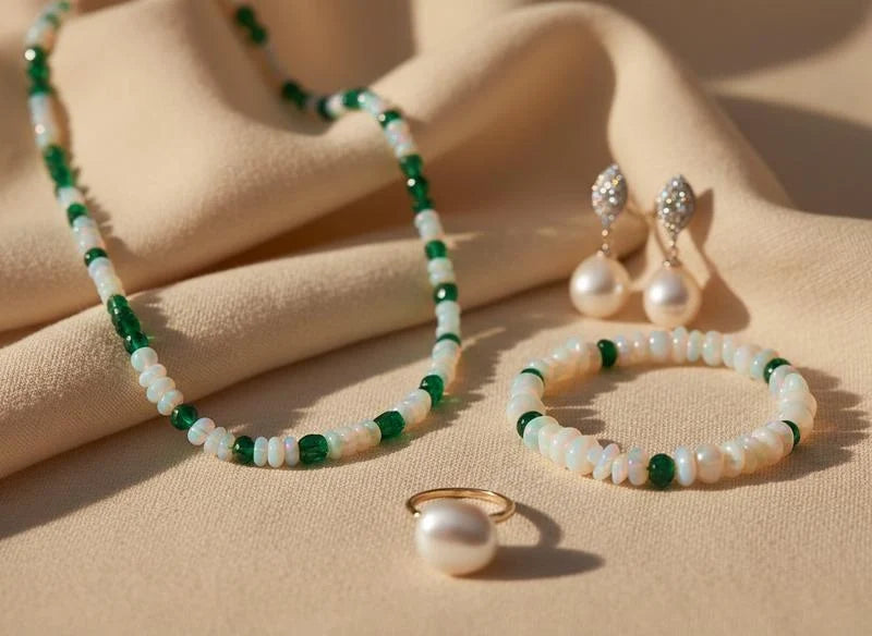 Crystal necklaces and bracelets, and pearl earrings and rings